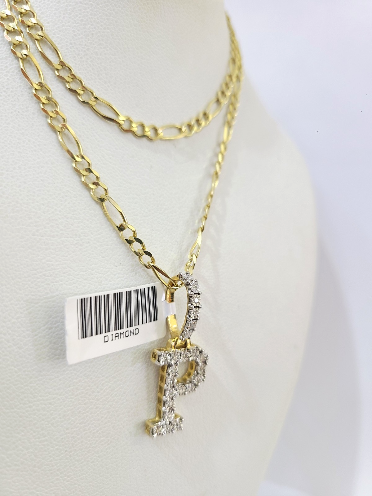 10k Gold Figaro Chain P Diamond Initial Pendant 3mm 20-28 inch SET Necklace