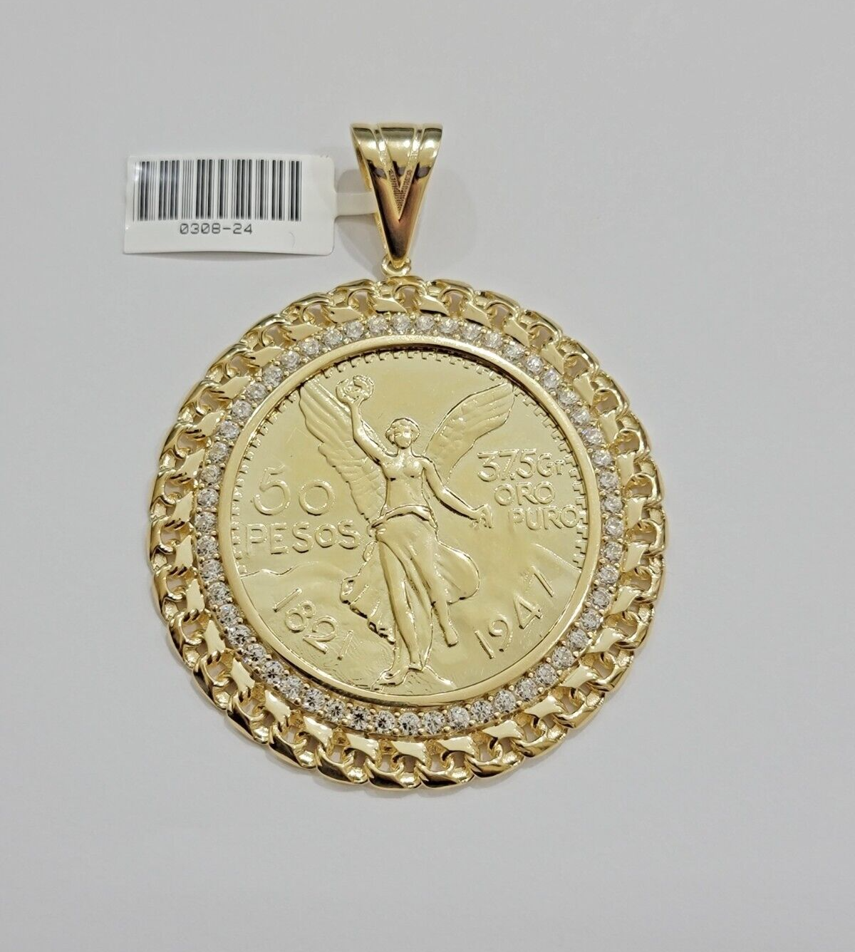 1947 Mexican Centenario Coin Charm Pendant Replica 50 pesos With Bezel 10kt Gold