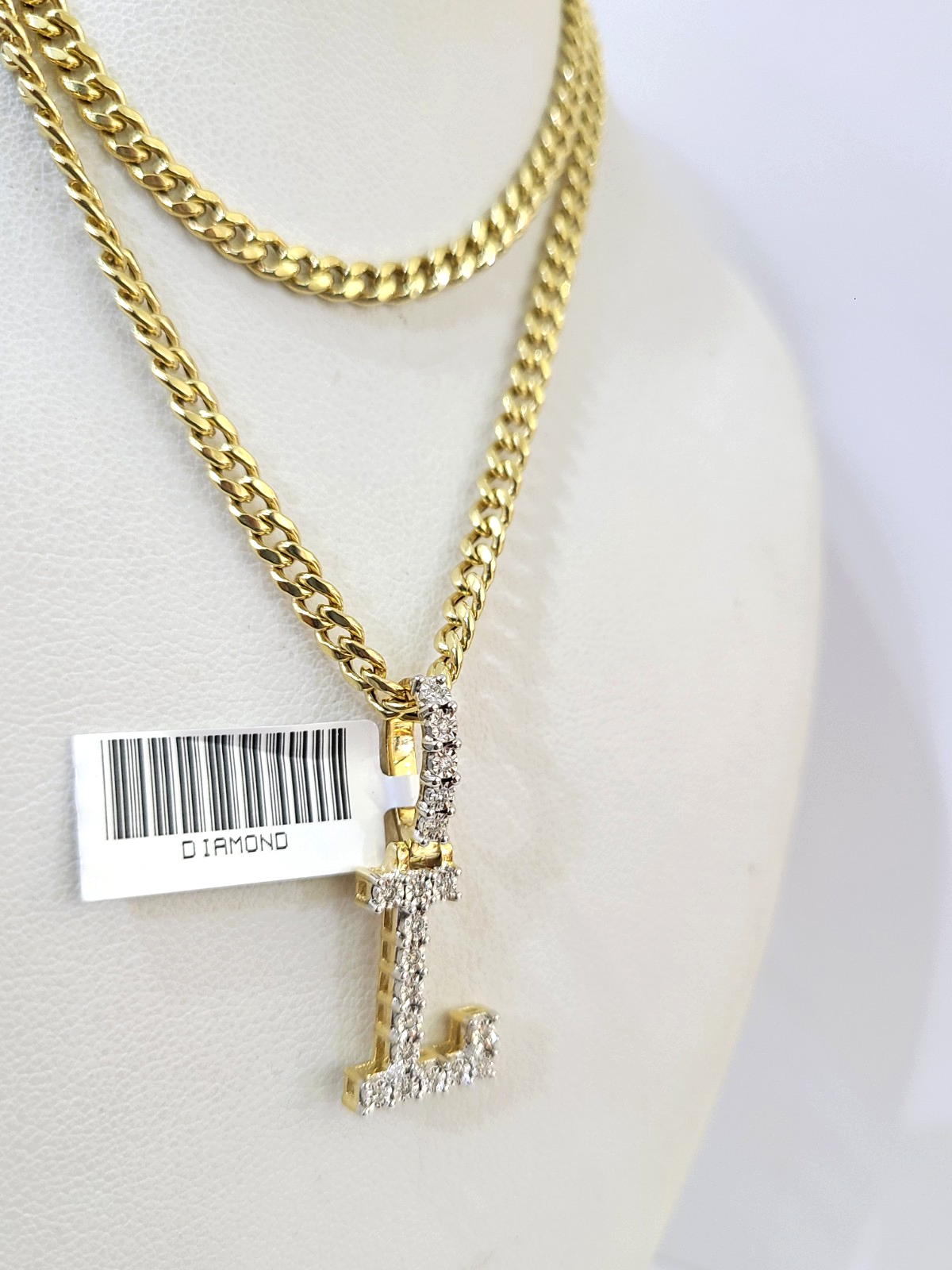 10K Gold Miami Cuban Chain L Diamond Initial 20"-28" 3mm Pendant Necklace SET