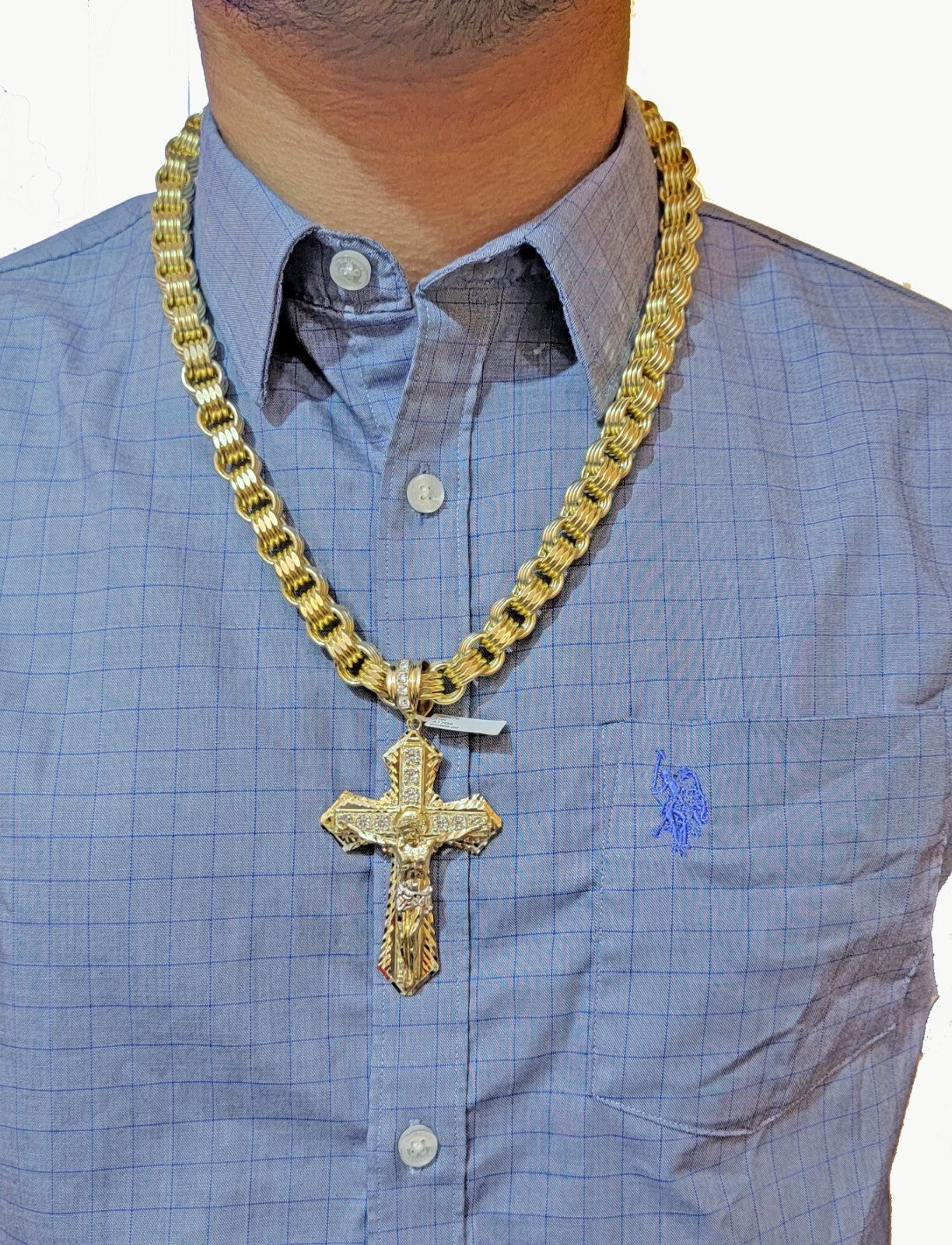 Real 10k Yellow Gold Jesus Cross Charm pendant 3.75" With cubic Zirconia for Men