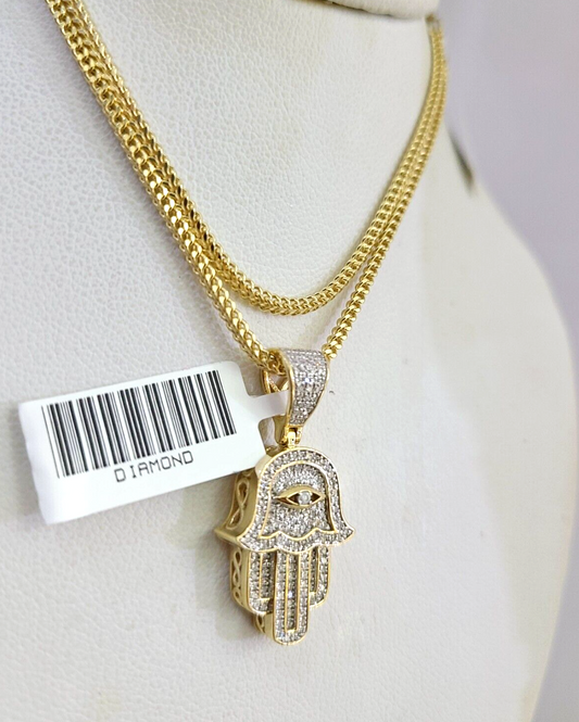 10k Gold Franco Chain Diamond Hamsa Charm Pendant 2mm 18-24 Inches Necklace SET