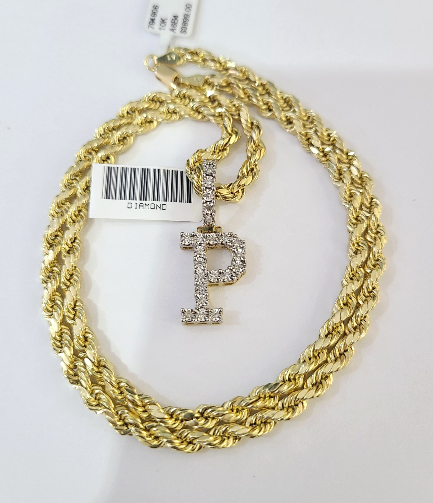 10k Rope Chain P Diamond Initial Charm Necklace Pendant Set 4mm 20"-30" Gold