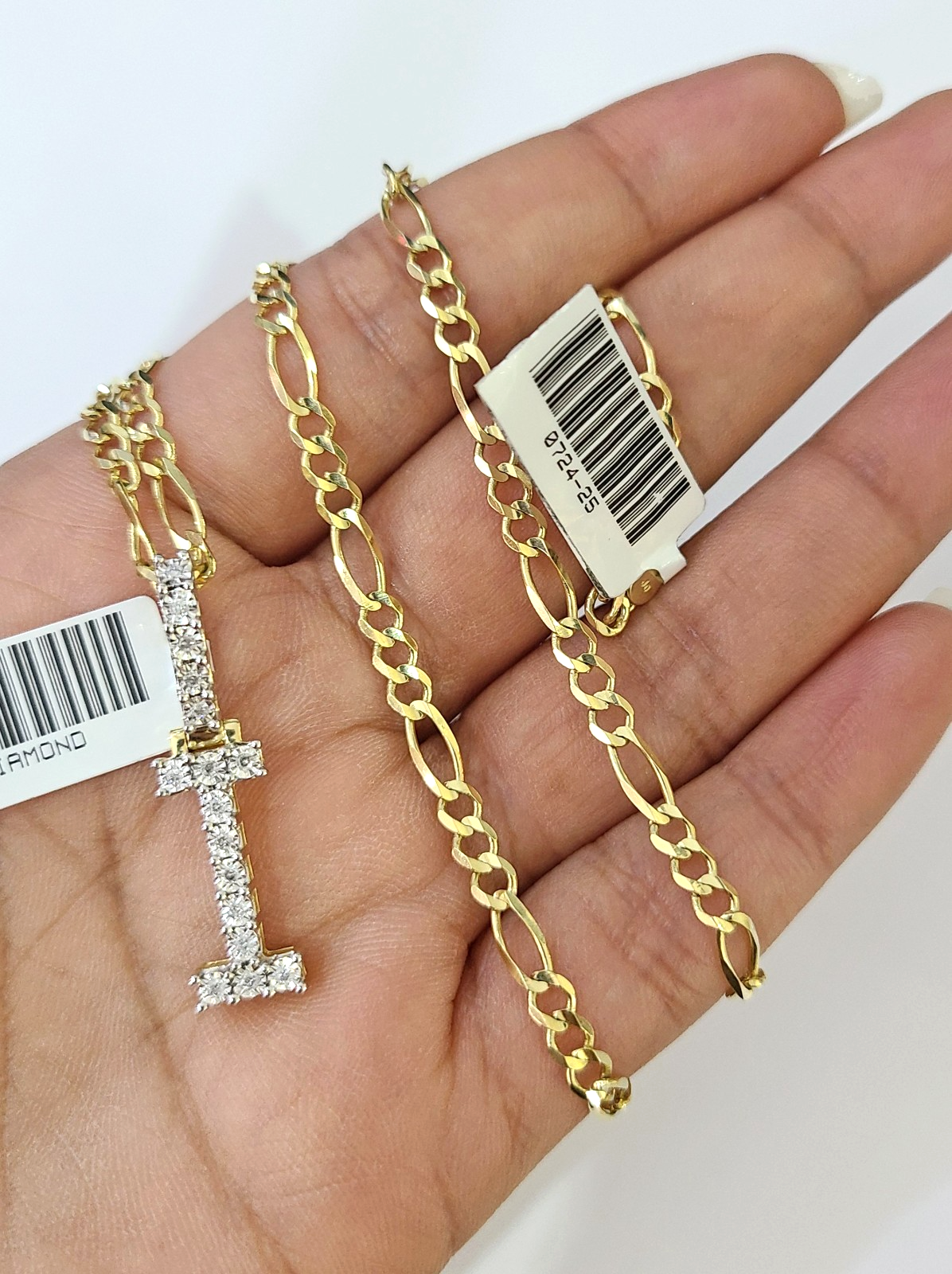10k Gold Figaro Chain I Diamond Initial Pendant 3mm 20-28 inch SET Necklace