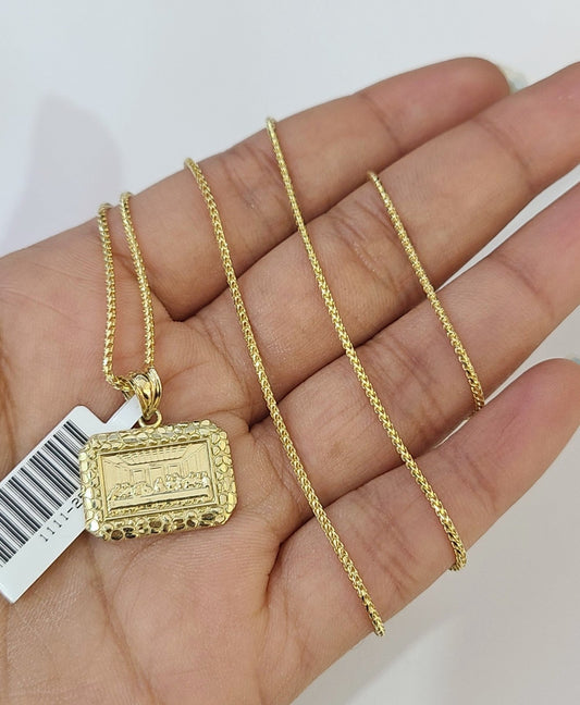 10kt Franco Chain Necklace Last Supper Pendant 1mm 16-22 Inches Ladies Gold