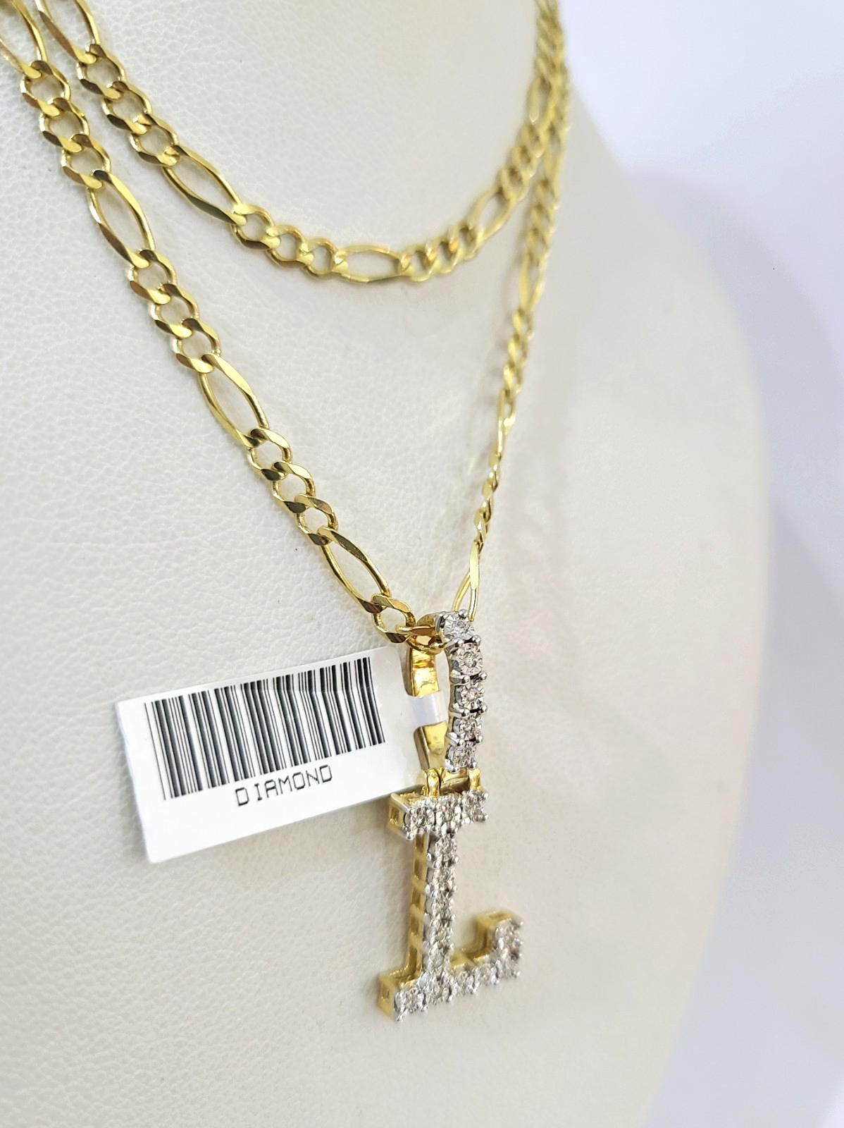 10k Gold Figaro Chain L Diamond Initial Pendant 3mm 20-28 inch SET Necklace