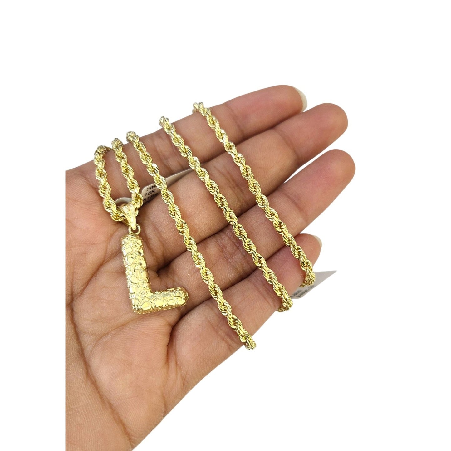Real 10k Rope Chain Necklace 3mm 18"-28" Nugget L Initial Charm Set Pendant Gold