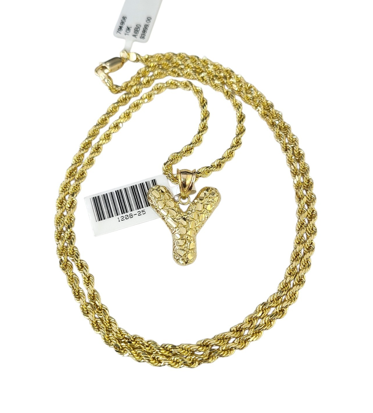 Real 10k Rope Chain Y Necklace Nugget Initial Charm 3mm 18"-28" Set Pendant Gold