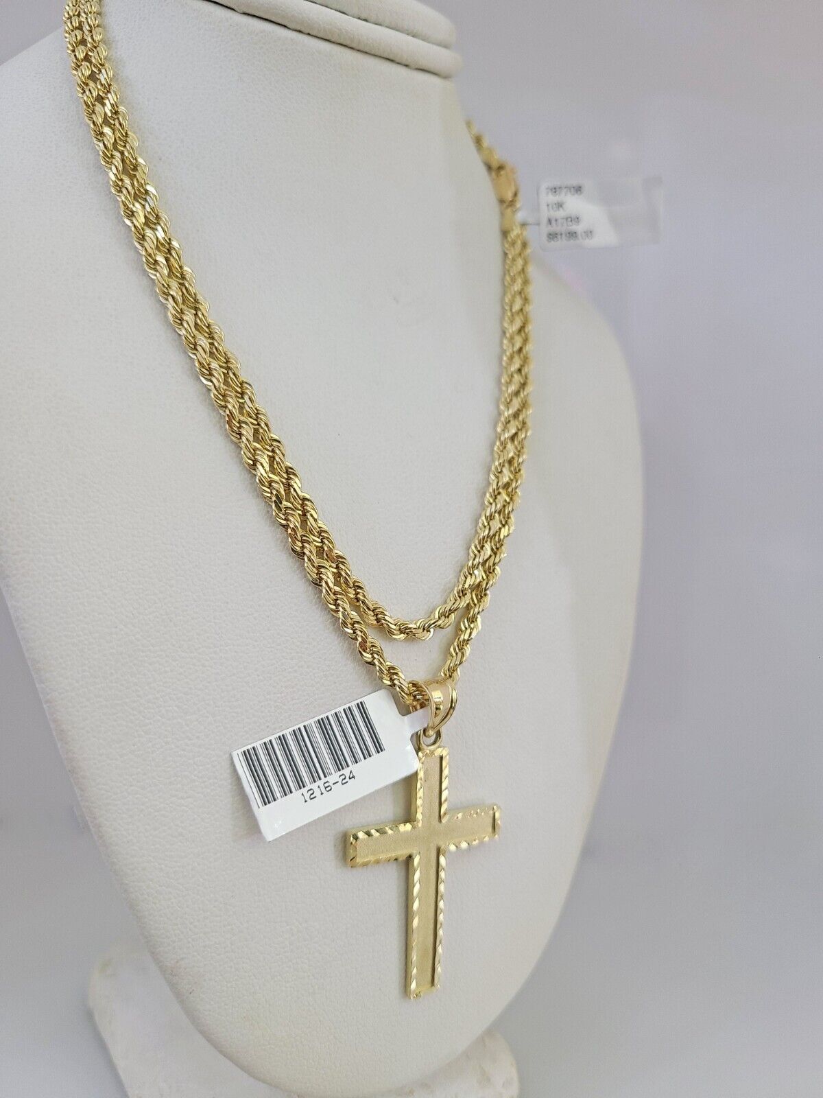 REAL 10k Solid Rope Chain Jesus Cross Charm Pendant 3mm Set 18"-26" in Necklace