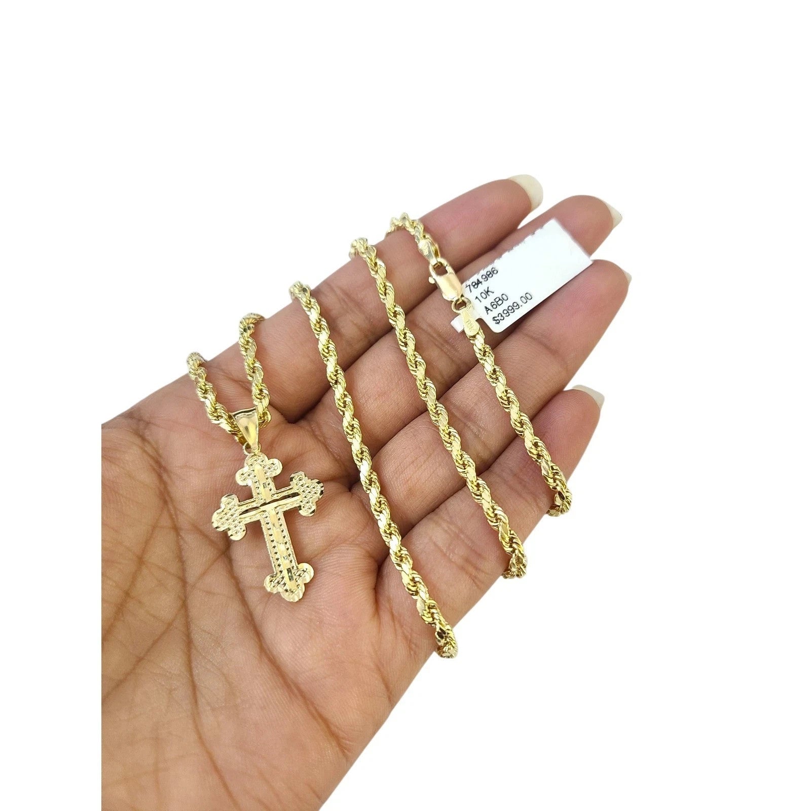 10K Gold 3mm Rope Chain Filigree Cross Pendant Charm Necklace Set 18"-28" Unisex
