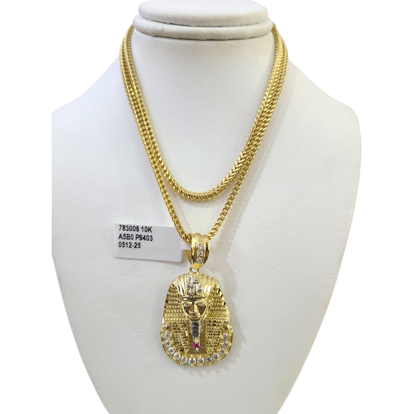 Real 10k Gold Franco Chain Pharaoh Head Charm 2.5mm 18"-26" Pendant Necklace SET