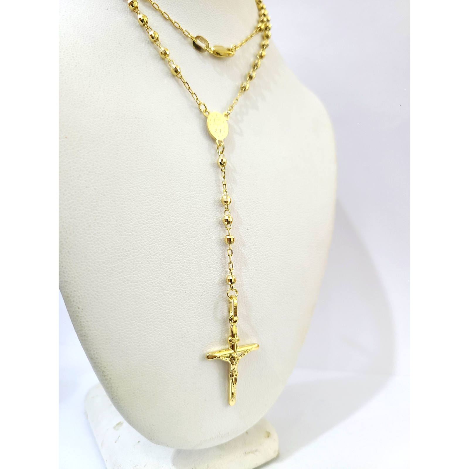 Real 10k Yellow Gold 3mm Rosary Chain 24 inch Necklace Cross Pendant