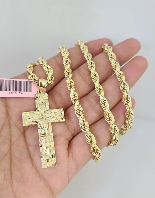 14k Gold Rope Chain Necklace Set 6mm Nugget Cross Charm Pendant 18"-28" inch