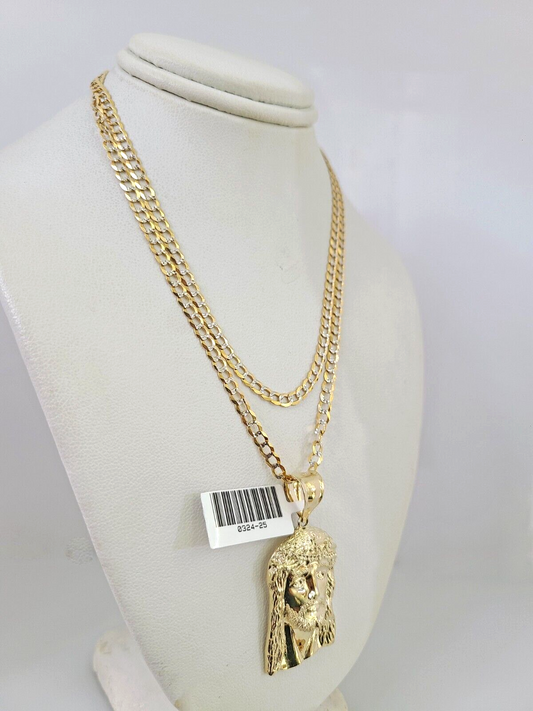 10k Gold Solid Cuban Curb Chain Jesus Head Pendant Set 3mm 18"-26" Necklace
