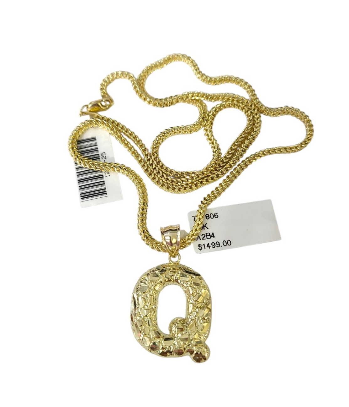 10k Gold Q Nugget Initial Charm Franco Chain 2.5mm 16"-26" Pendant Necklace SET