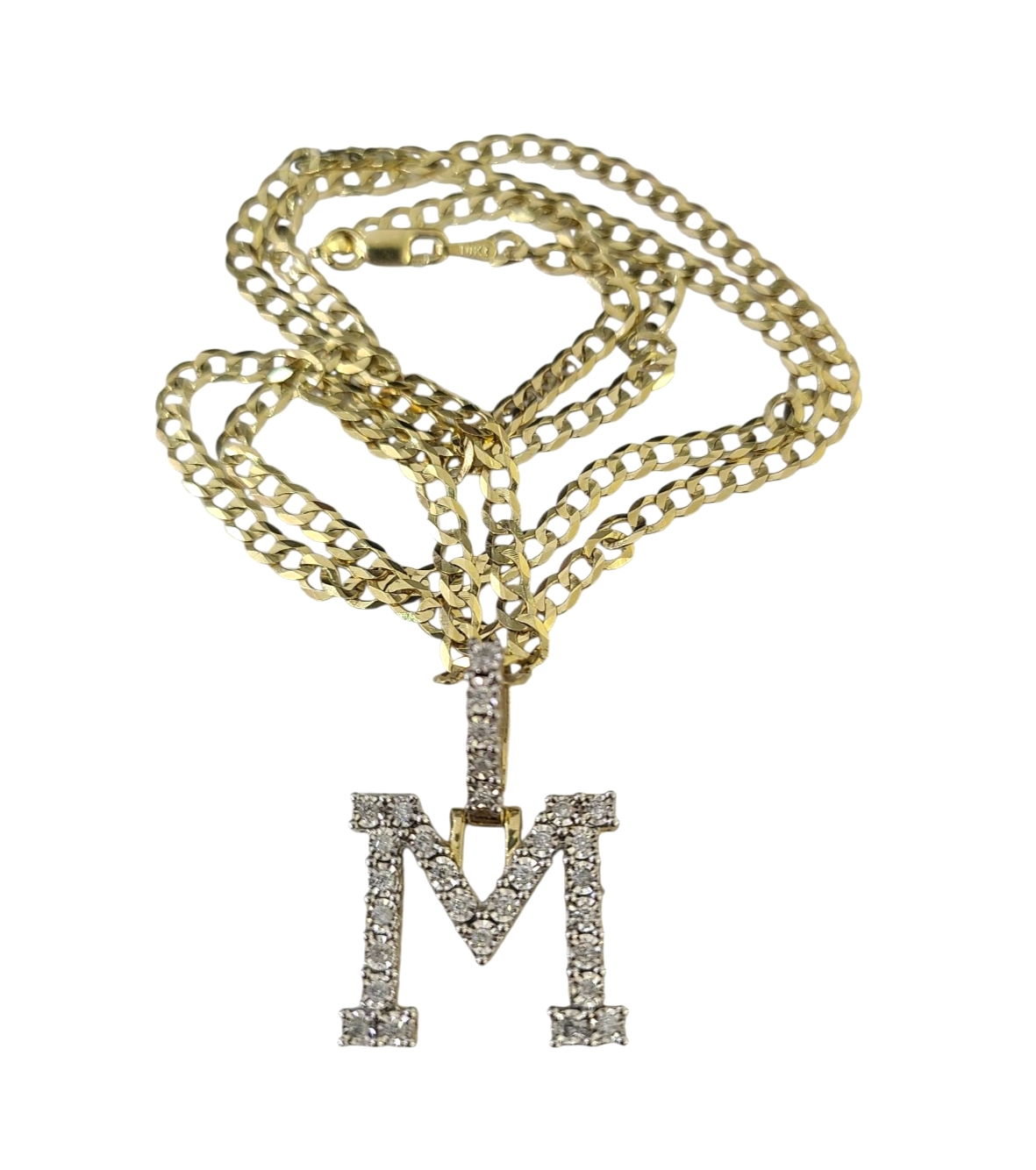 10k Gold Chain Necklace Cuban Curb M Diamond Initial Pendant Set 3mm 20"-30"