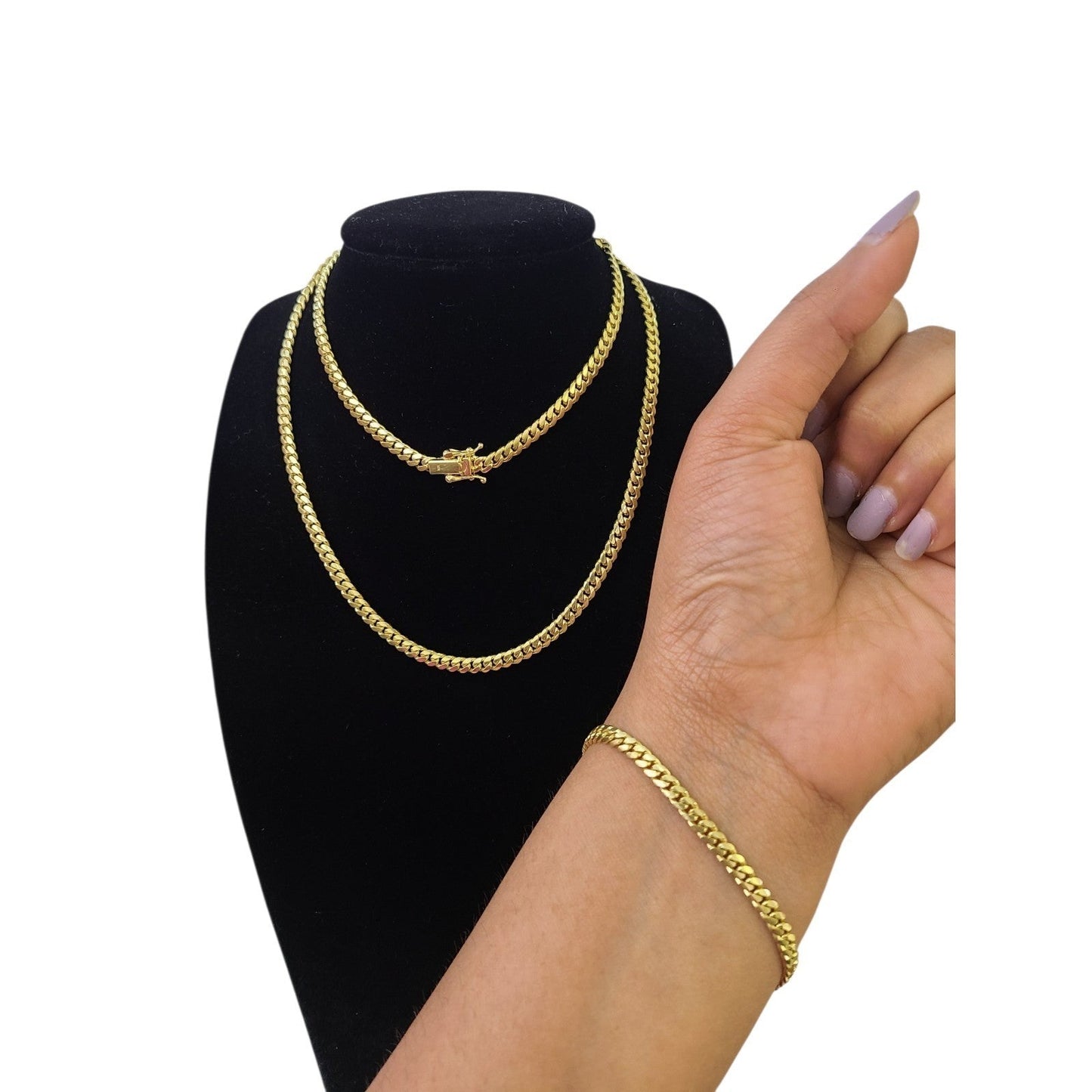 10k Solid Gold Miami Cuban Chain Bracelet Set 4mm Men Women Necklace Real