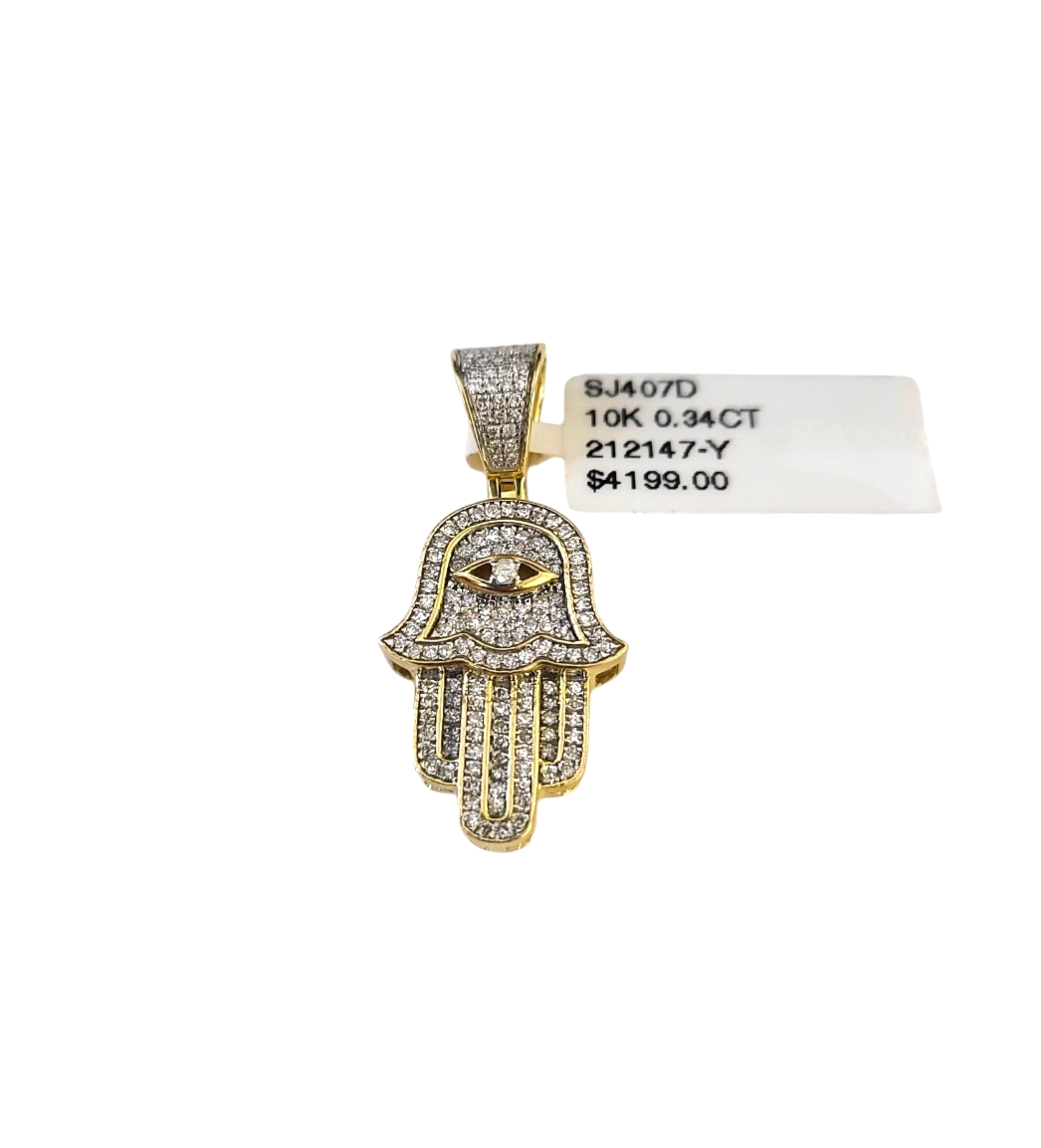 Real 10k Yellow Gold Hamsa Hand Diamond Charm Pendant 1.25'' inch Genuine 10kt