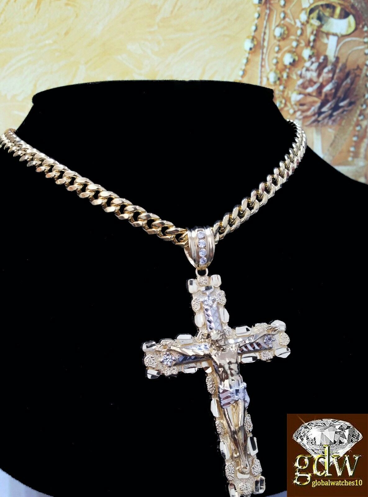 Real 10k Yellow Gold Jesus Cross Pendant 10k 22Inch 8mm Cuban Chain Box Lock