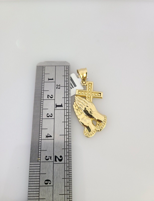 10k Gold Miami Cuban Chain Praying Hands Charm Pendant 3mm 18-28in Necklace Set