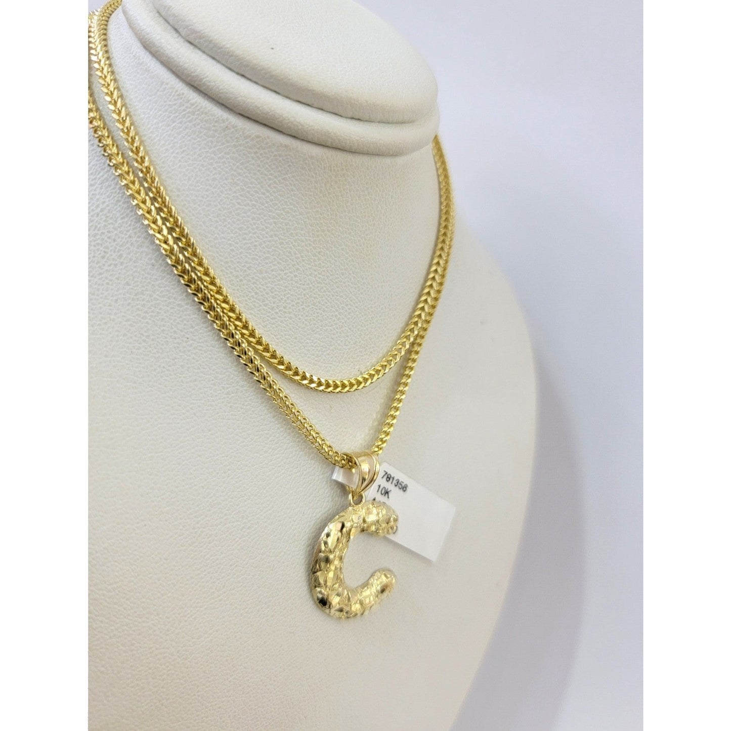Real 10k Gold Franco Chain C Initial Charm Pendant Necklace SET 2.5mm 16"-26"