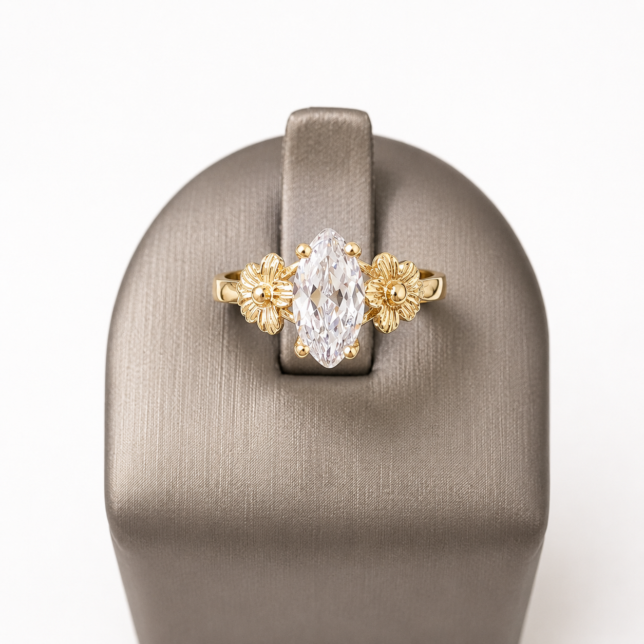 10k Gold Floral Marquise CZ Ring Women Yellow Gold Flower Design Statement