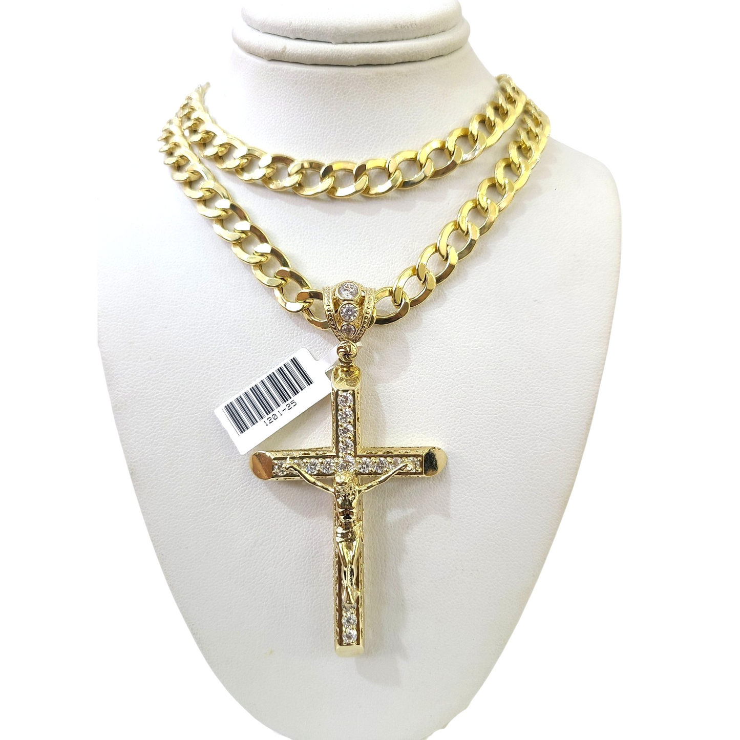 10k Yellow Gold Cuban Curb Chain Crucifix Cross Pendant Charm 8mm Necklace Men