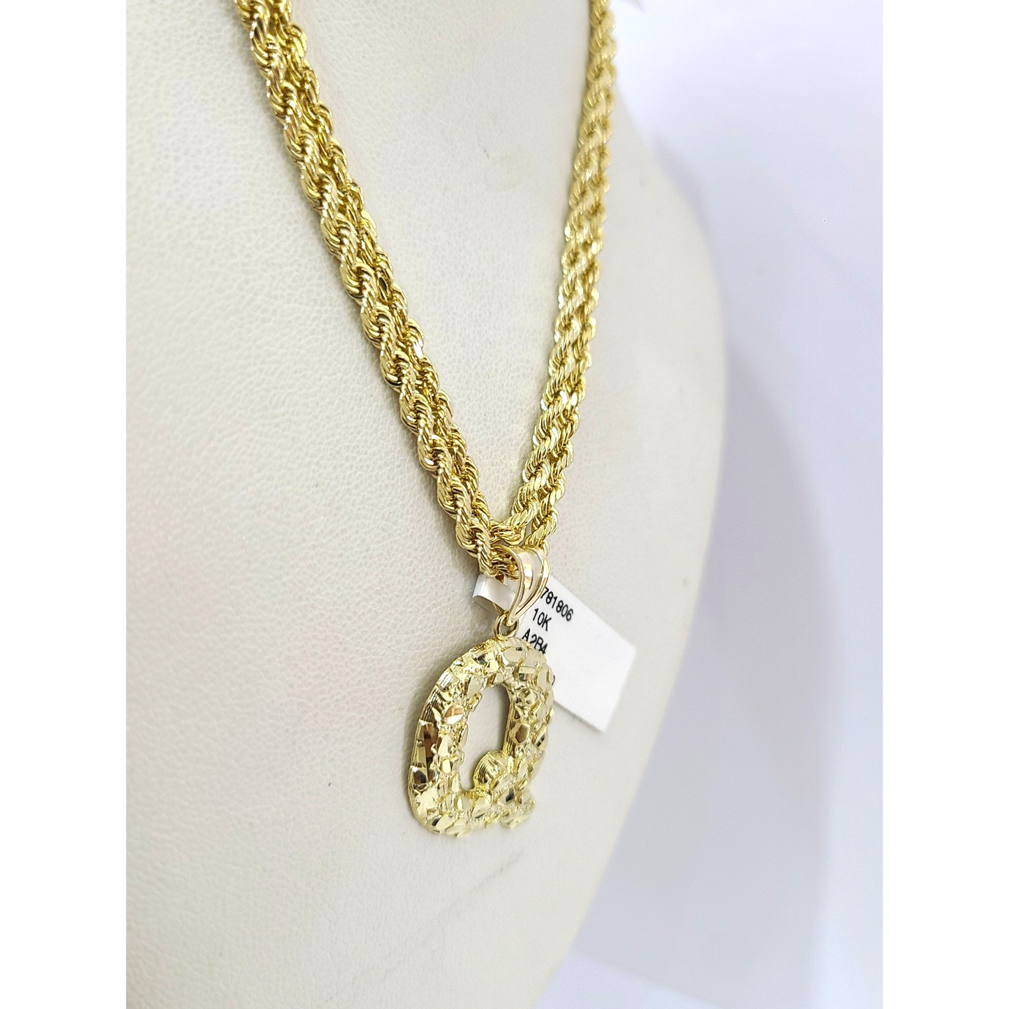 Real 10k Rope Chain Q Initial Charm 3mm 18"-28" Necklace Nugget Set Pendant Gold