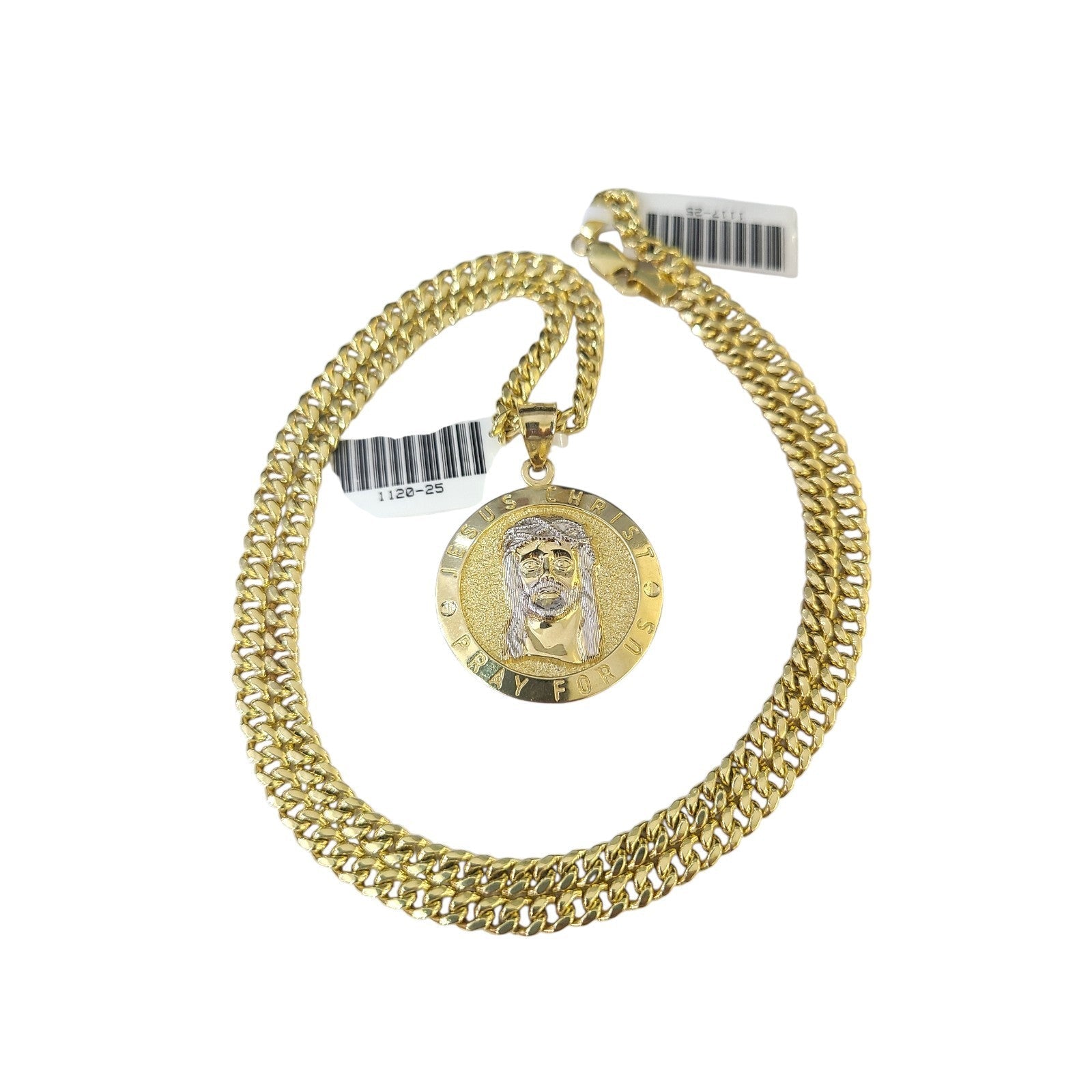 10K Gold Miami Cuban Chain Jesus Christ Charm 18"-24" 2mm Pendant Necklace SET