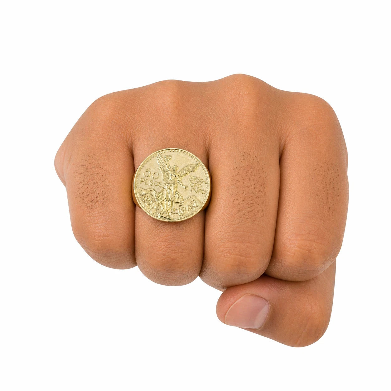 Mens 14K Gold 50 Pesos Coin Ring CZ Bezel Liberty Signet Pinky Statement Ring