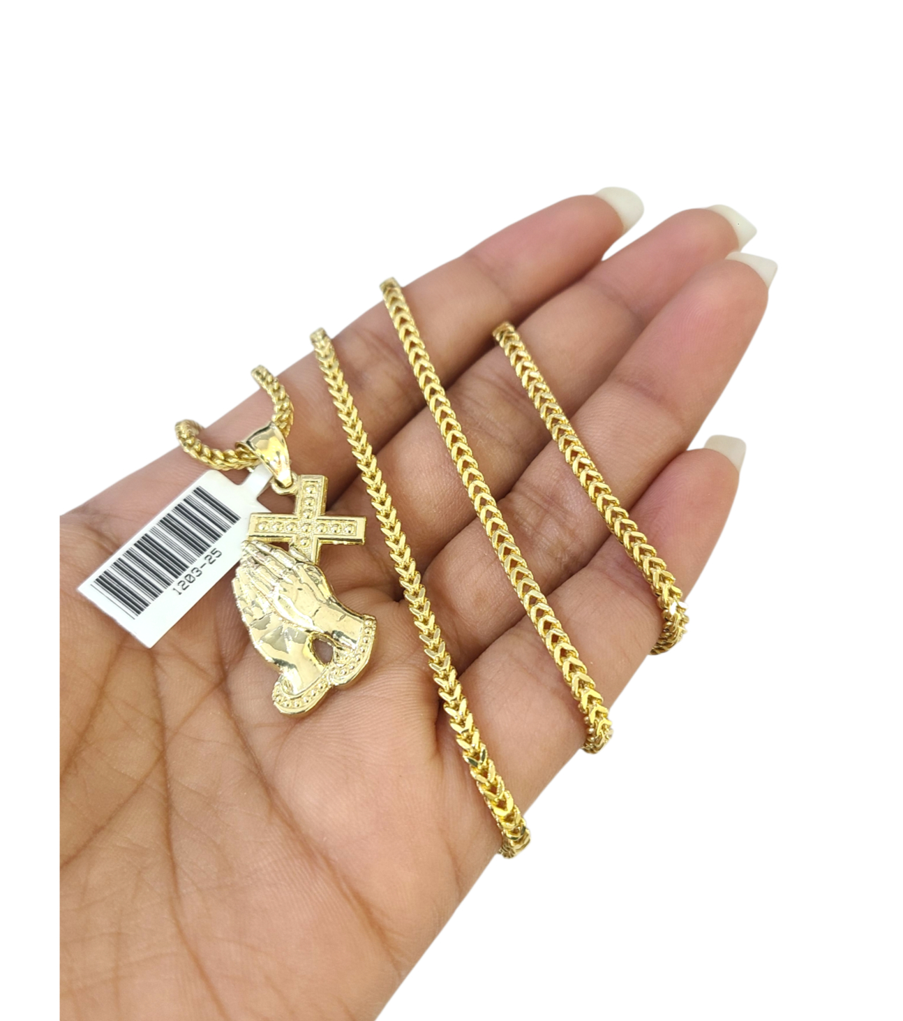 10k Gold Franco Chain Praying Hands Cross Pendant Necklace SET 2.5mm 18"-26"