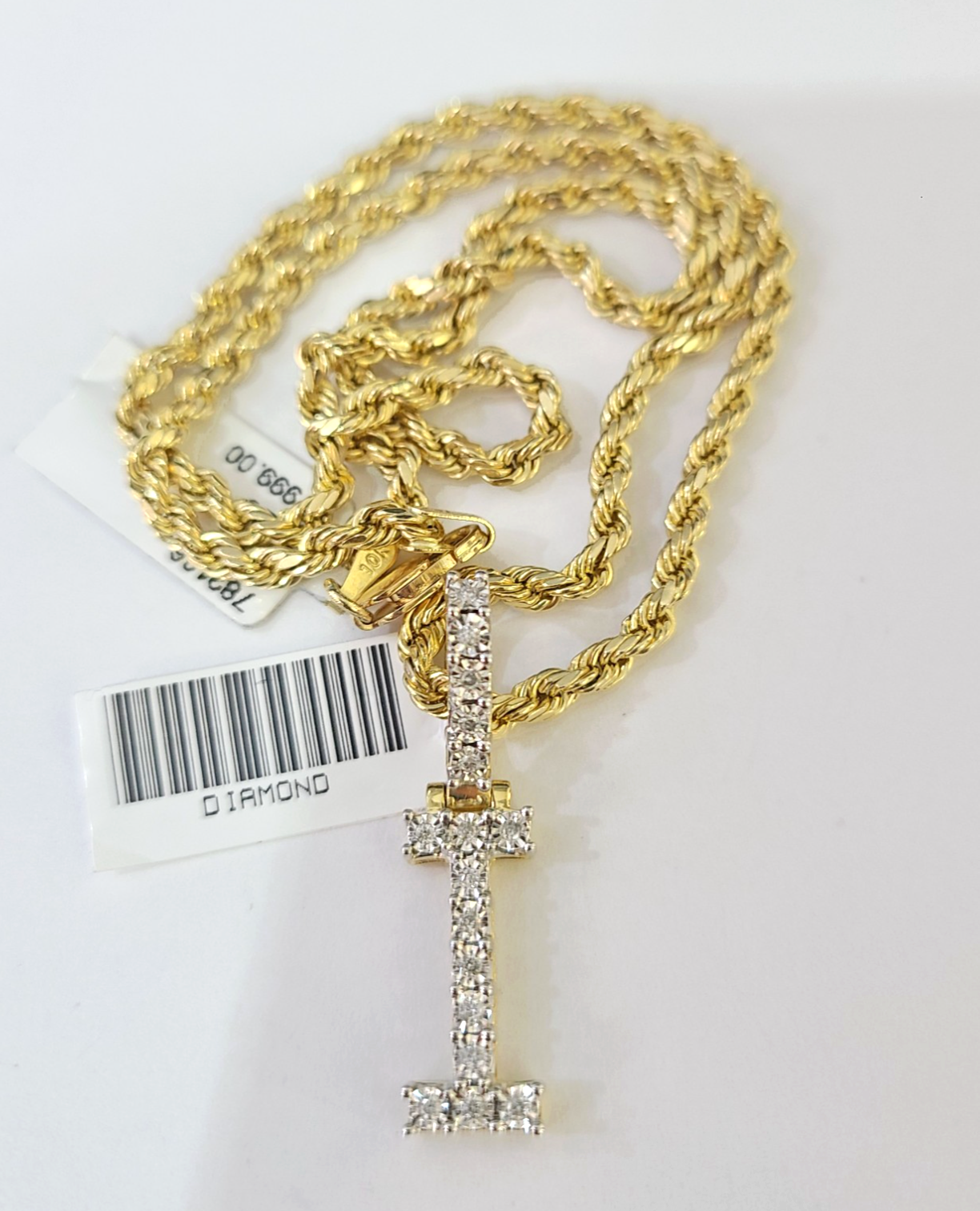 10k Rope Chain I Diamond Initial Charm Necklace Pendant Set 2mm 18"-24" Gold