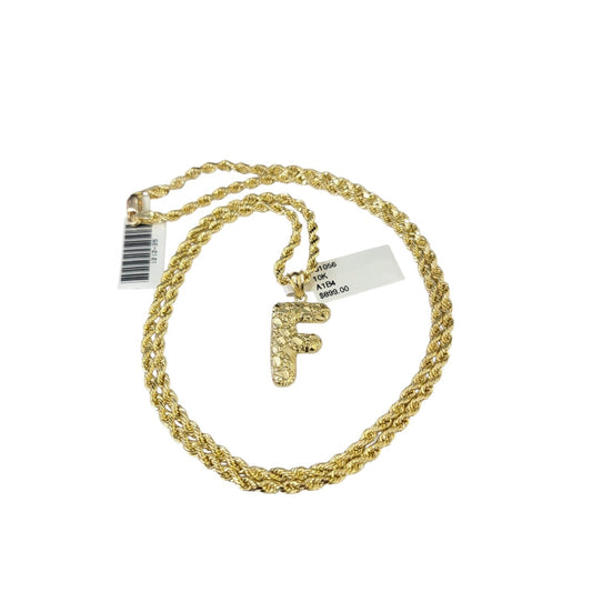 Real 10k Rope Chain Necklace Nugget F Initial Charm Set 3mm 18"-28" Pendant Gold