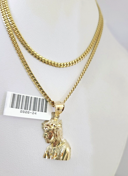 10k Gold Solid Miami Cuban Necklace Jesus Head Pendant 2.5mm 18-24" Chain Set