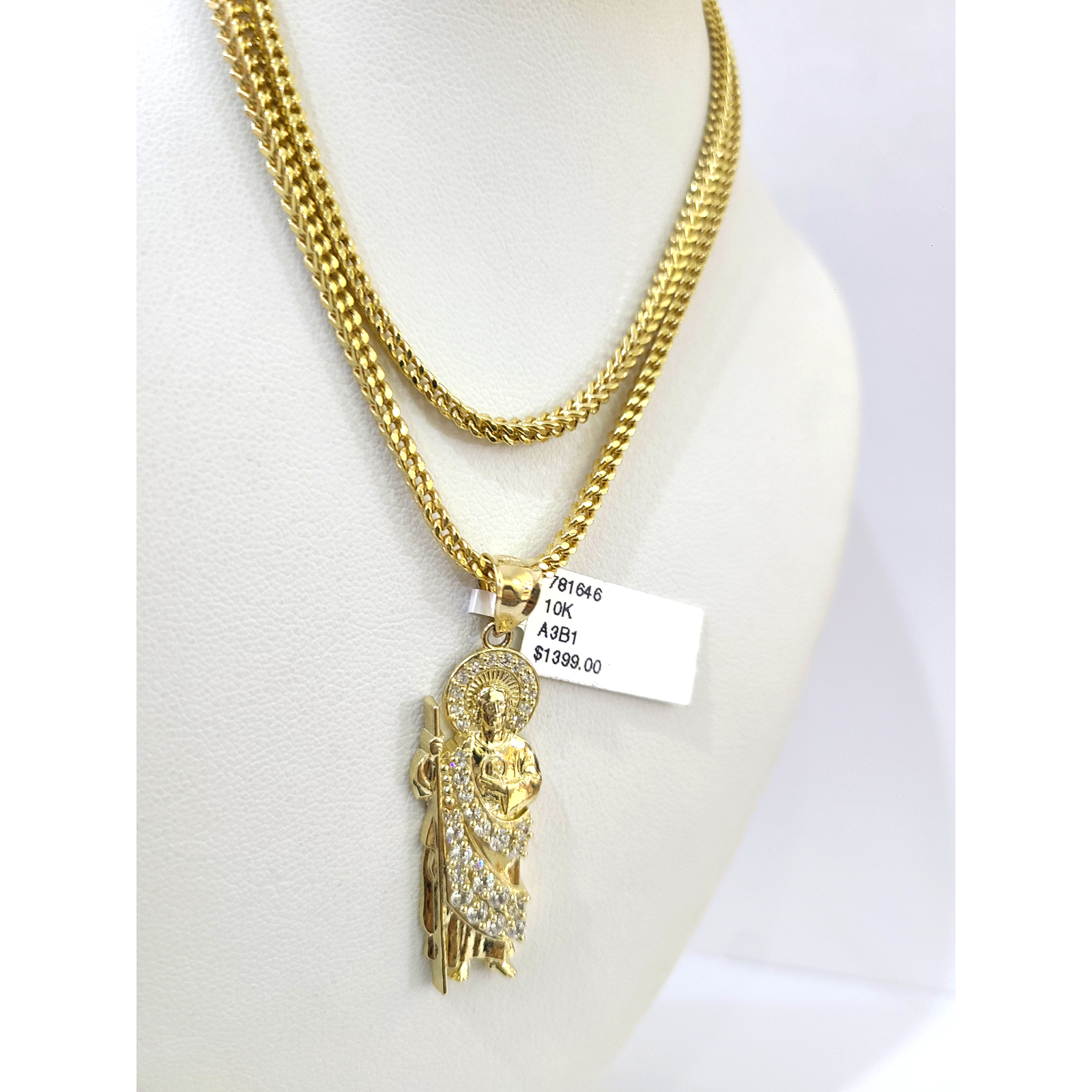 Real 10k Gold Franco Chain Saint Jude Charm Pendant Necklace SET 2.5mm 18"-26"