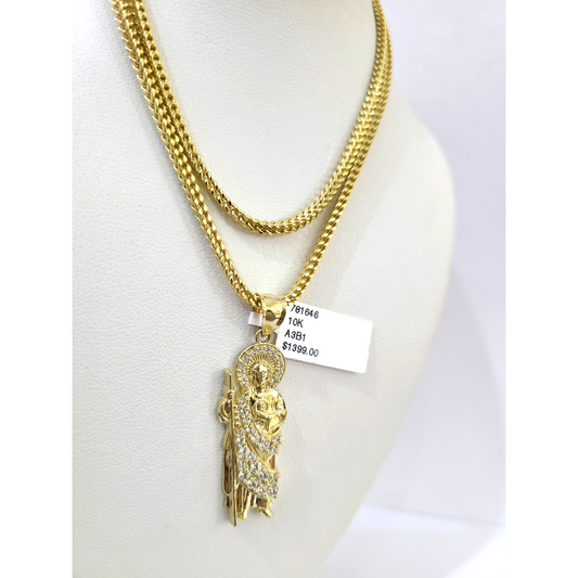 Real 10k Gold Franco Chain Saint Jude Charm Pendant Necklace SET 2.5mm 18"-26"