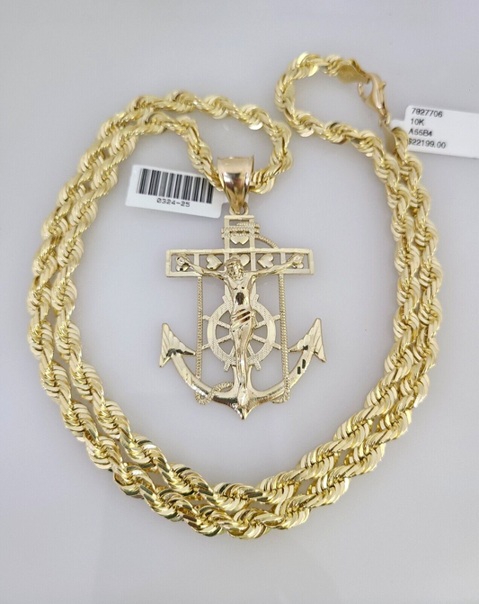 10kt Gold Solid Rope Chain Jesus Anchor Charm Set 18"-30'' Inch 6mm Pendant