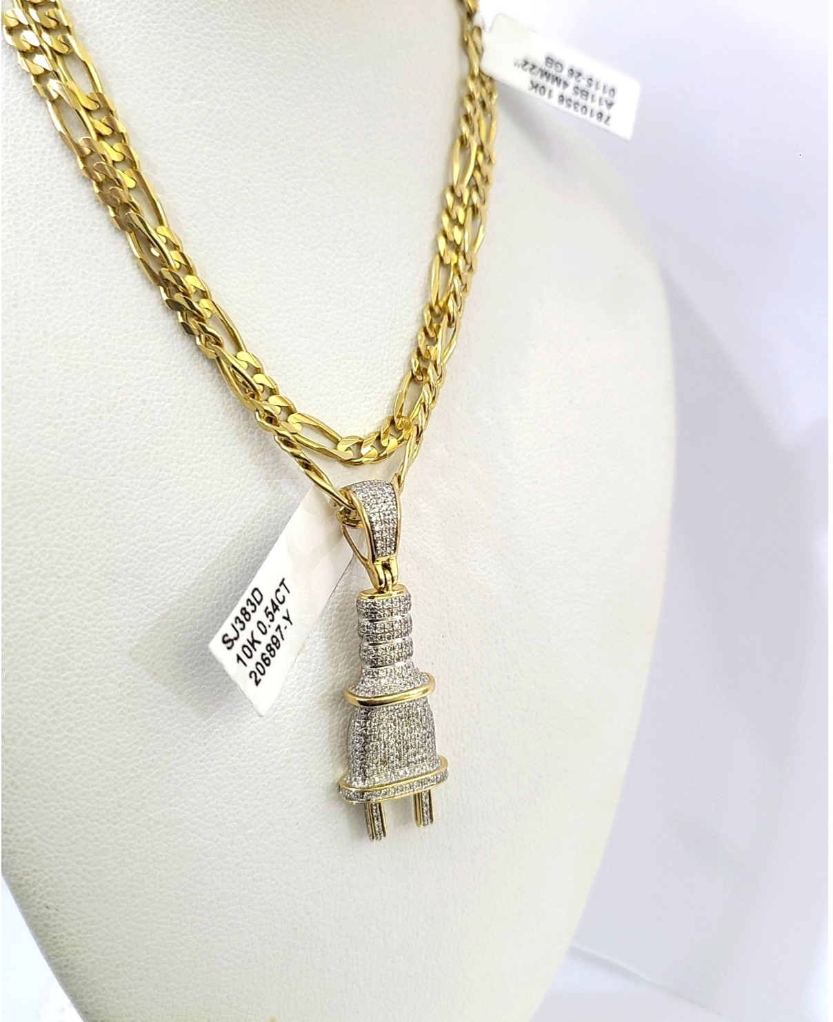 10k Solid Figaro Chain Plug Diamond Charm Necklace SET 4mm 22" Pendant