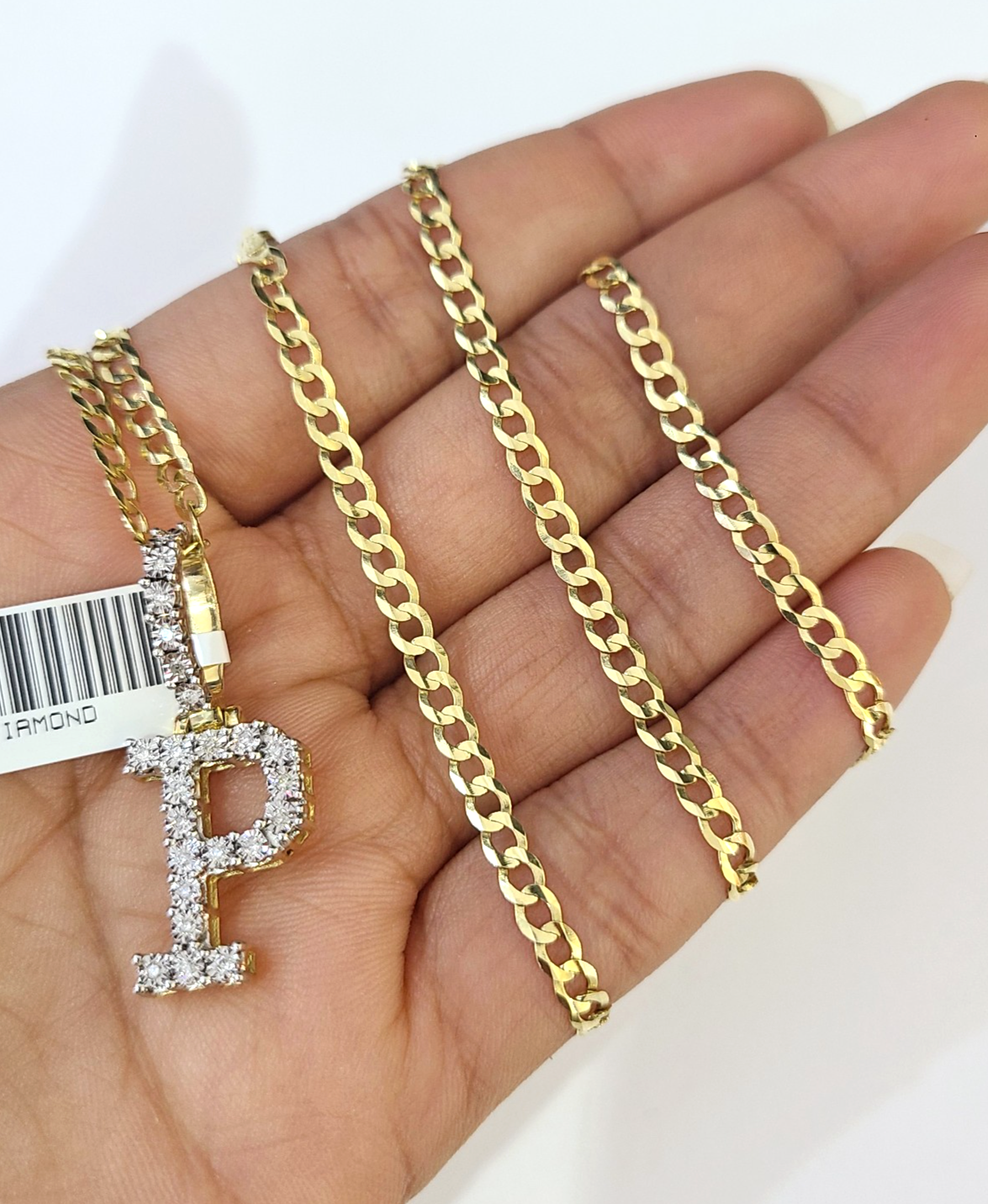 10k Gold Chain Necklace Cuban Curb P Diamond Initial Pendant Set 3mm 20"-30"
