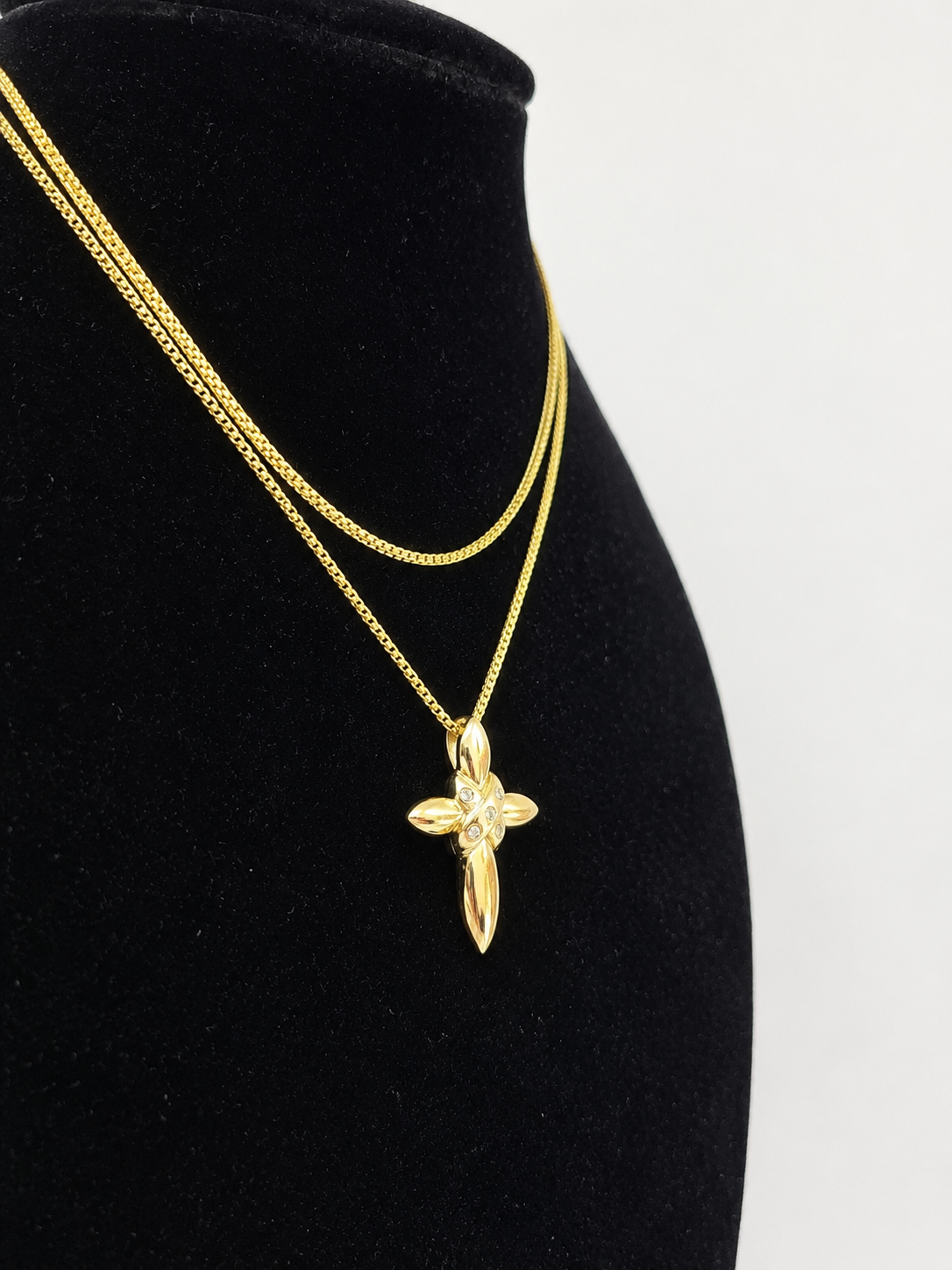 10K Yellow Gold Franco Chain Jesus CZ Stone Cross Pendant 1mm 16 18 20 22 Women