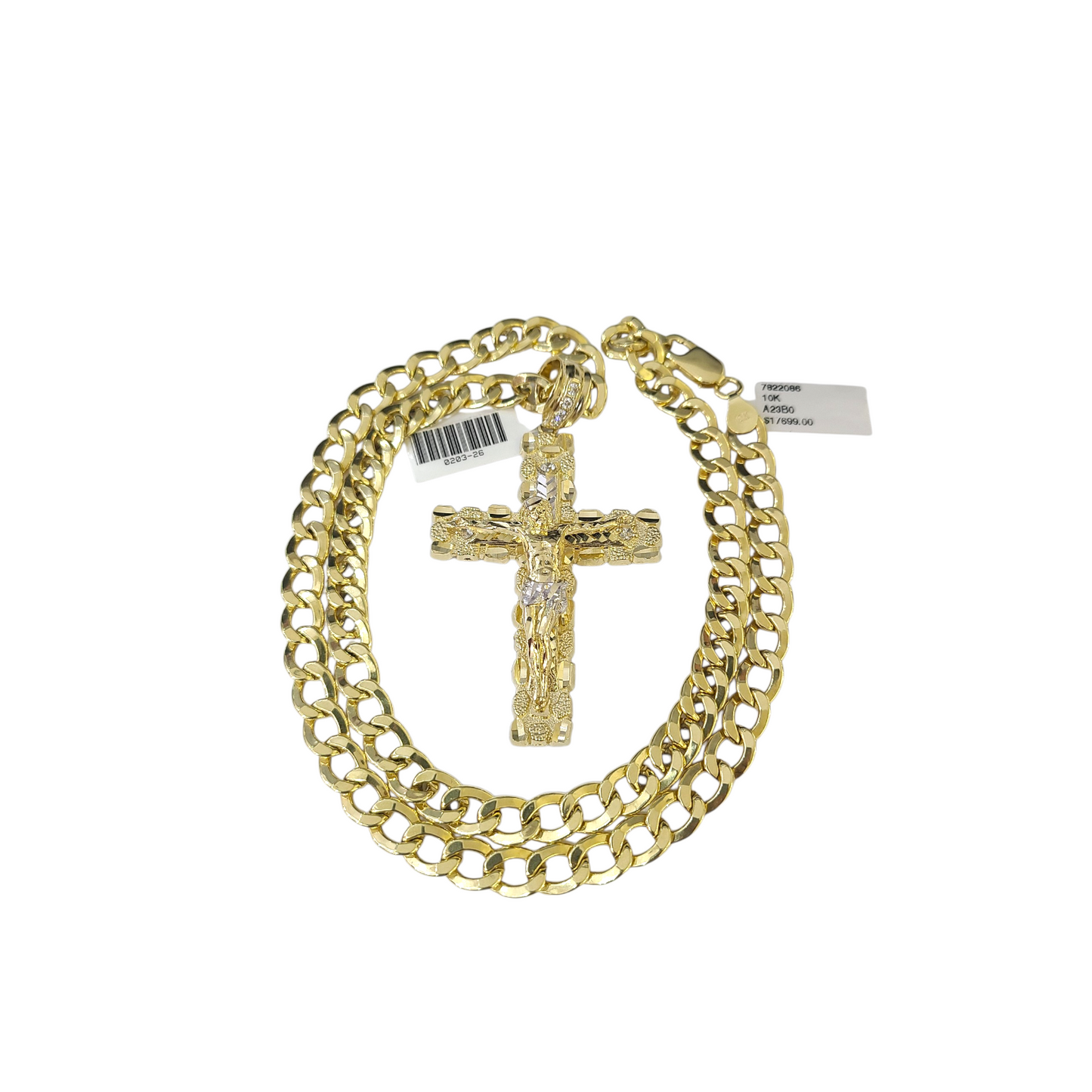 10k Yellow Gold Cuban Curb Chain Nugget Cross Pendant Charm 8mm Necklace Men