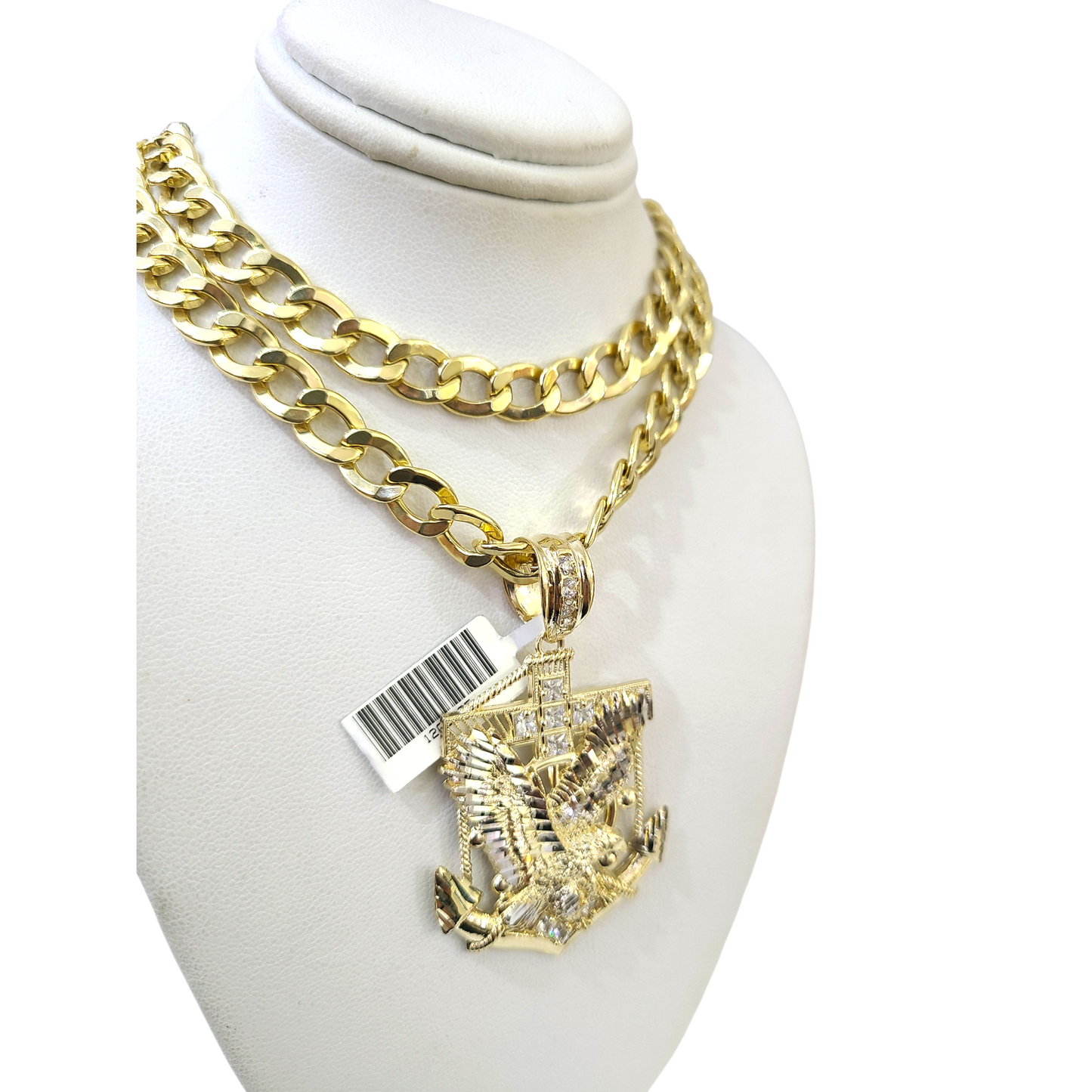 10k Yellow Gold Cuban Curb Chain SET Eagle Anchor Pendant Charm 8mm Necklace Men