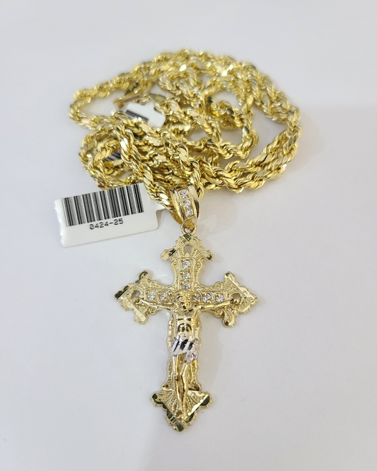 Real 10k Rope Chain Jesus Cross Charm Necklace SET 4mm 18"-28" Pendant