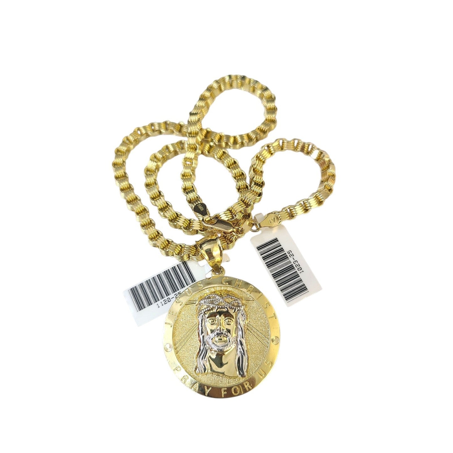 10K Gold Byzantine Chain Jesus Christ 20"-28" 4mm Pendant Charm Necklace SET