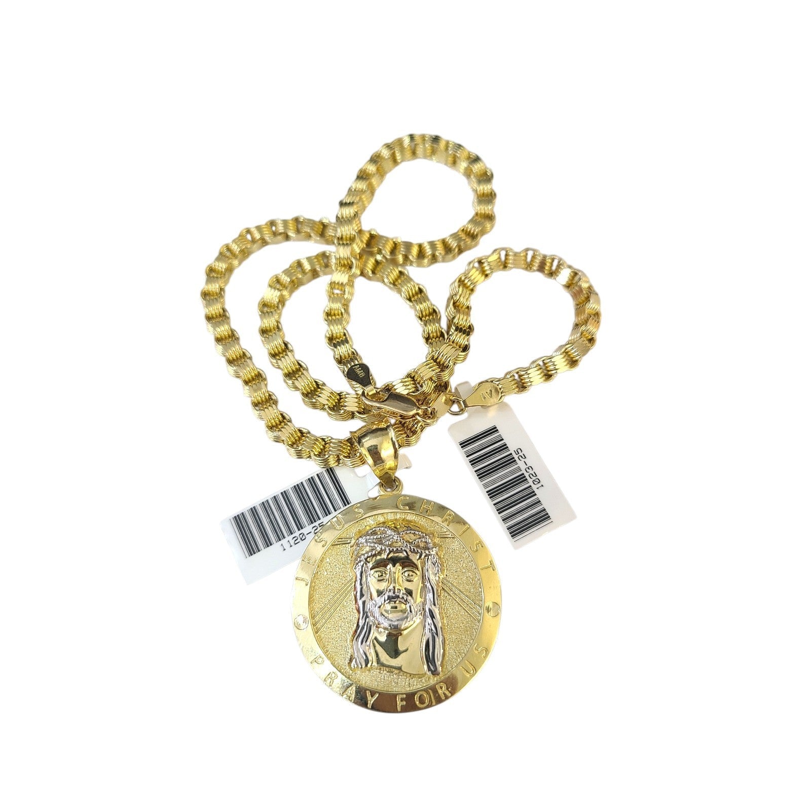 10K Gold Byzantine Chain Jesus Christ 20"-28" 4mm Pendant Charm Necklace SET