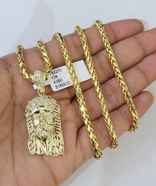REAL 10k Yellow Gold Palm Chain Jesus Head Pendant Charm 3mm SET Necklace