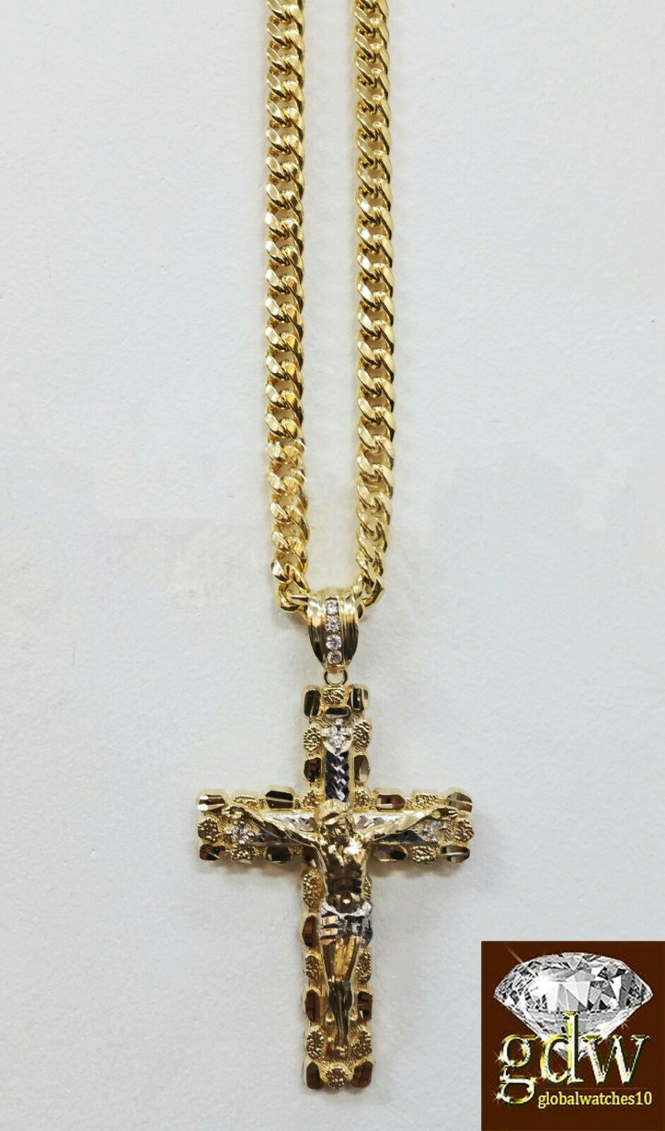 Real 10k Yellow Gold Jesus Cross Pendant 10k 22Inch 8mm Cuban Chain Box Lock