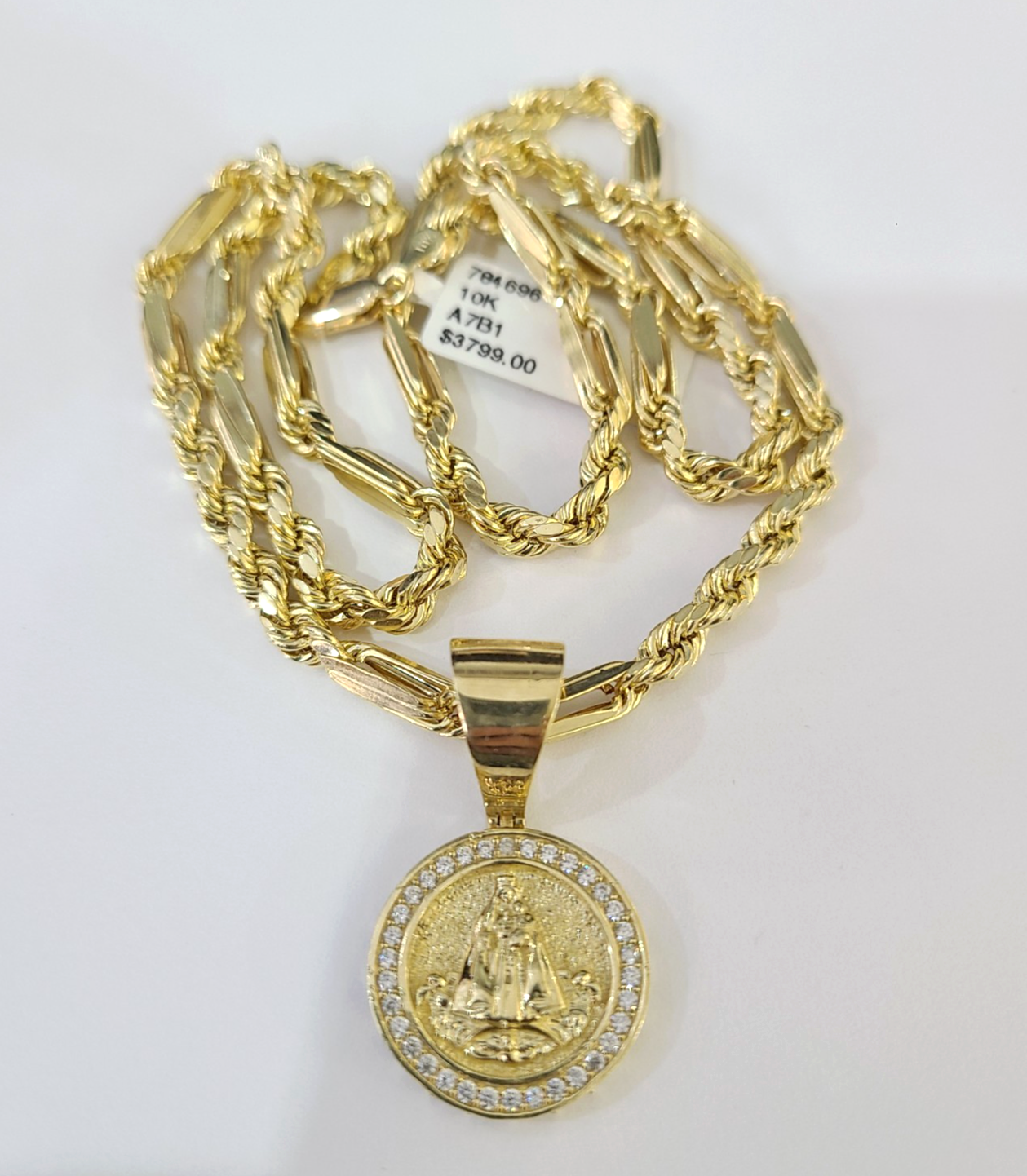 10k Gold Milano Rope Chain Virgin Mary Charm Necklace SET 4mm 18"-28" Pendant
