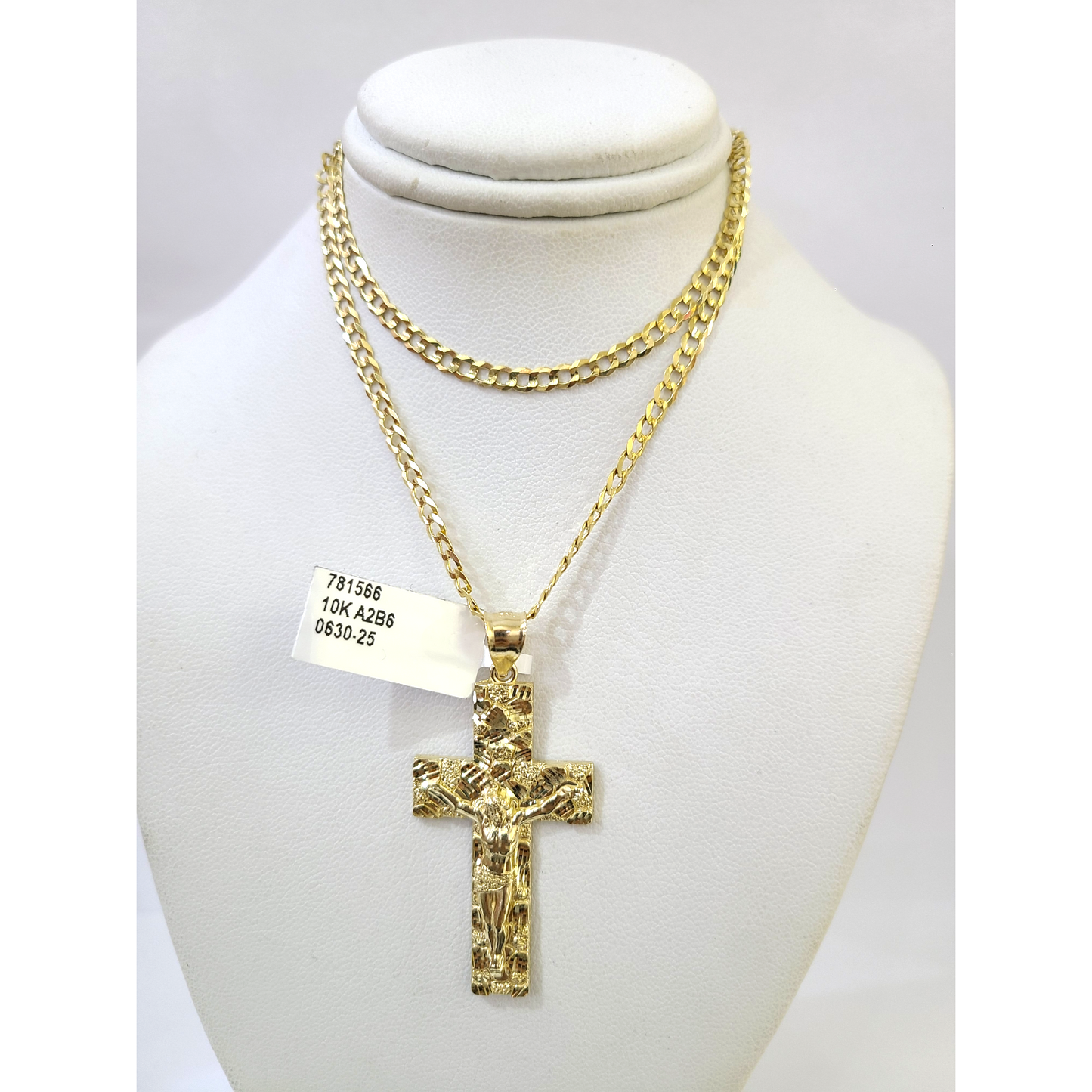 10k Gold Chain Cuban Curb 3mm Necklace Nugget Cross Charm Pendant Set 18"-28"