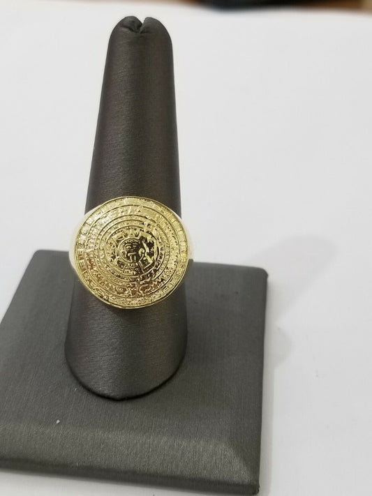 Mens Ring Solid 10k Yellow Gold Aztec Mayan Sun Calendar 10 KT REAL Gold Unique