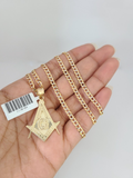 10k Gold Solid Cuban Curb Chain Masonic Pendant Set 3mm 18"-26" Charm Necklace